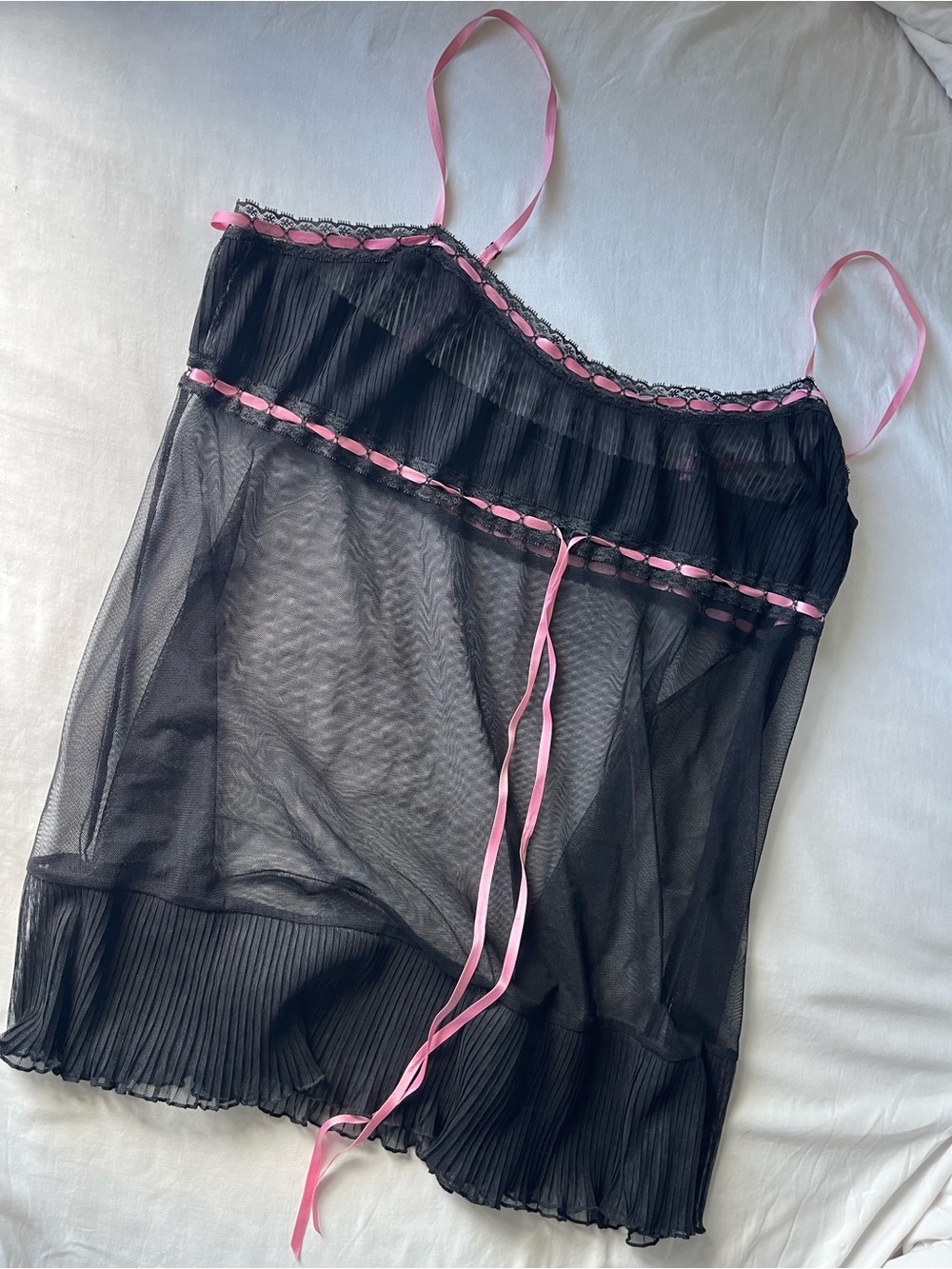 Sheer Black Chemise with Pink Ribbon Trim